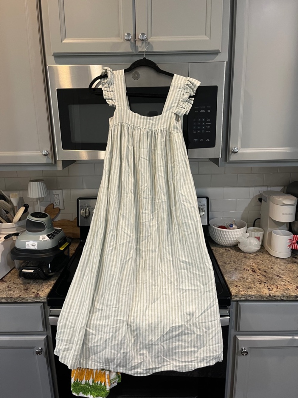 A new day Light green and White Stripe Ruffle-Sleeve Midi Dress